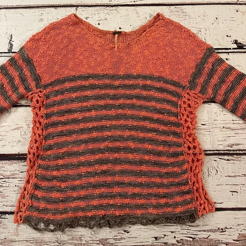 Free People Sweater Striped Scoop‎ Neck Orange Open Knit Size Small French Creek